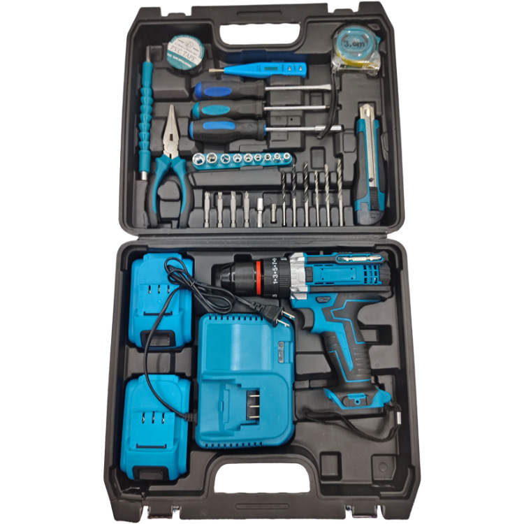 Fábrica de fuente de litio conjunto completo de accesorios hierro pinza taladro eléctrico de impacto de doble velocidad 21v taladro eléctrico de litio torsión súper fuerte