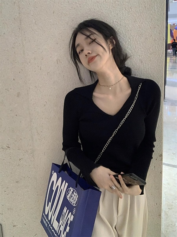 粉色长袖针织衫夏季设计感修身内搭打底衫女装polo领毛衣ins上衣|undefined