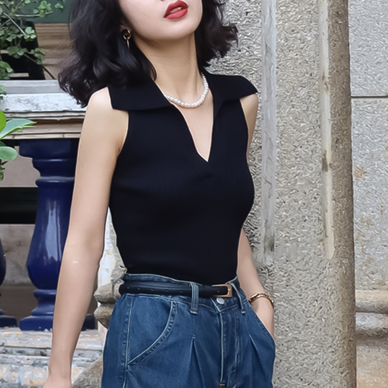 Retro Hong Kong Style Knitted Polo Collar Vest 2024 Summer Hottie Slim Sexy Top Sleeveless Pullover Knitwear