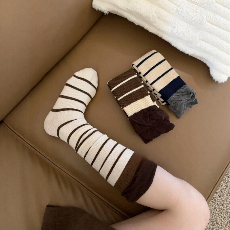 咖色小腿袜秋冬季撞色条纹拼接复古设计感中筒堆堆袜棉女时髦潮流|undefined