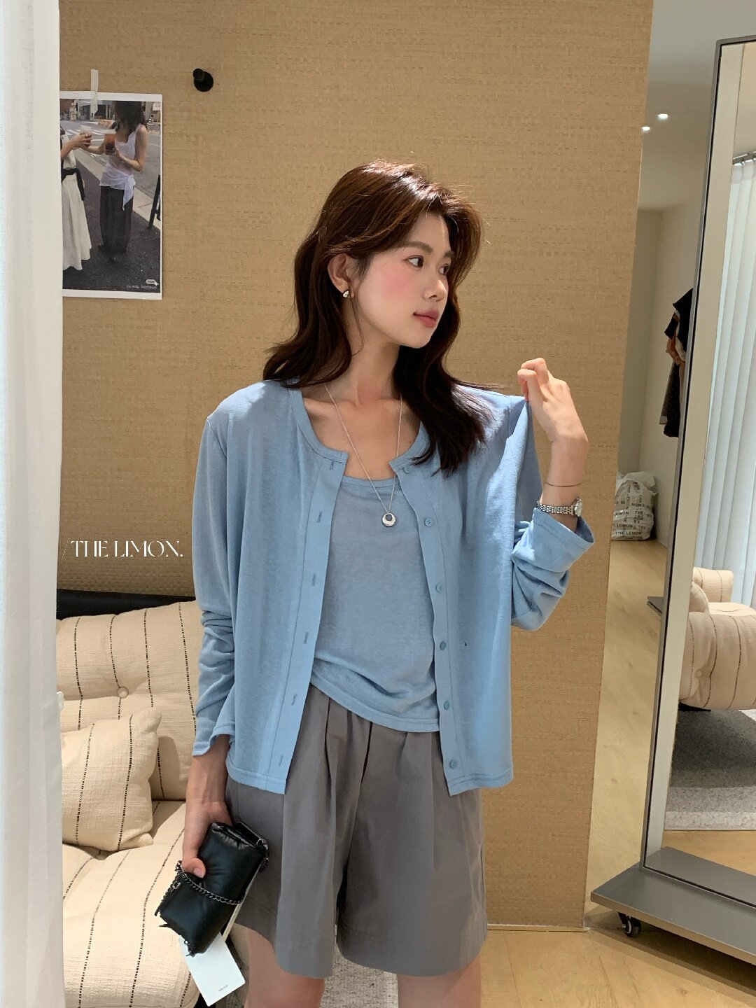 Bộ cardigan len mỏng kèm áo hai dây hai mảnh nữ mùa hè — Xám cacbon, xanh lam, màu hồng, Đậu xanh chi tiết 76