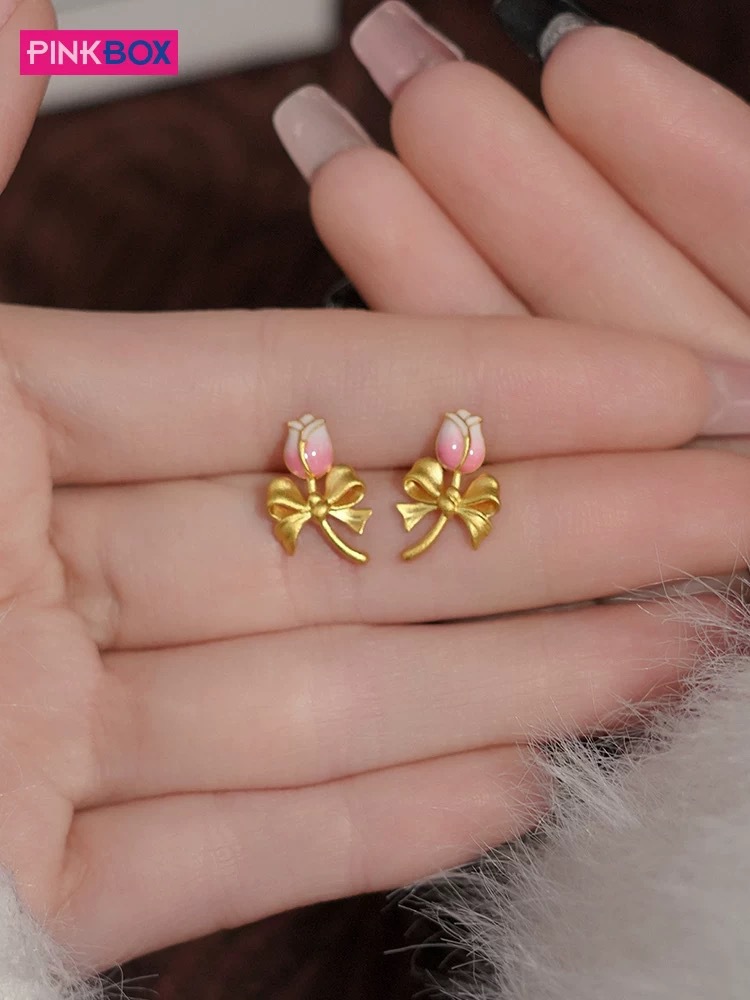 Orecchini a tulipano in smalto color oro sabbia, orecchini a fiocco con fiori sfumati, temperamento alla moda, regalo di San Valentino per la fidanzata_voghion.com