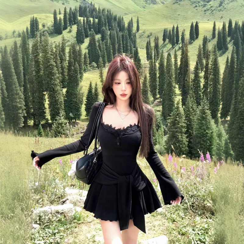 纯欲辣妹穿搭假两件吊带连衣裙女装秋季收腰设计感小个子长袖短裙|undefined