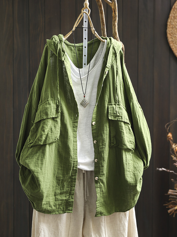 2025 Super Nice Shirt Women's Early Autumn New Large Flap Pocket Pants Double-Layer Cotton Gauze Hooded Large Size Mid-Length Shirt