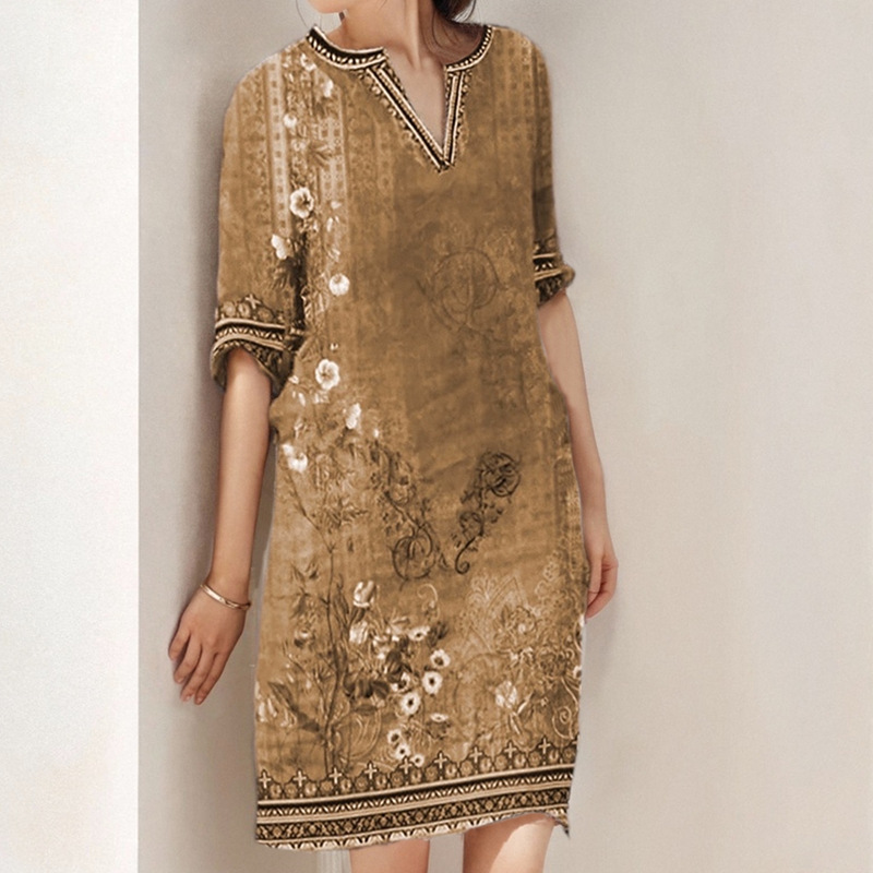 Spring Women's Retro Ethnic Style Mid-Length V-Neck Short-Sleeved Casual Dress For Women_ecoleips.com