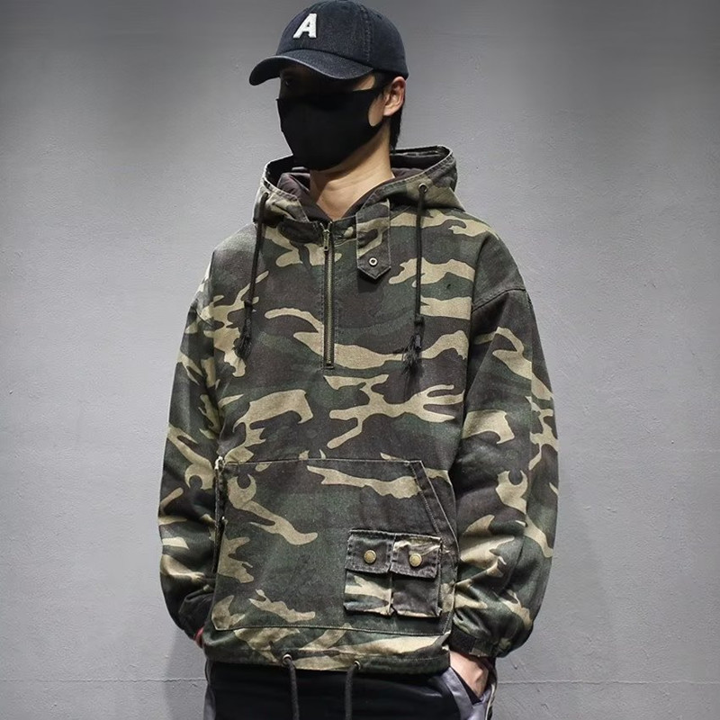 Autumn and Winter Japanese Camouflage Work Jacket Jacket Men's American Style Retro Fashionable Loose Hooded Rustic Sweatshirt Top