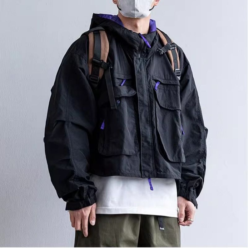 봄과 가을 후드 짧은 재킷 남성용 듀플렉스 잘 생긴 느슨한 캐주얼 한 야외 충전 의류 작업복 대비 컬러 재킷 트렌디