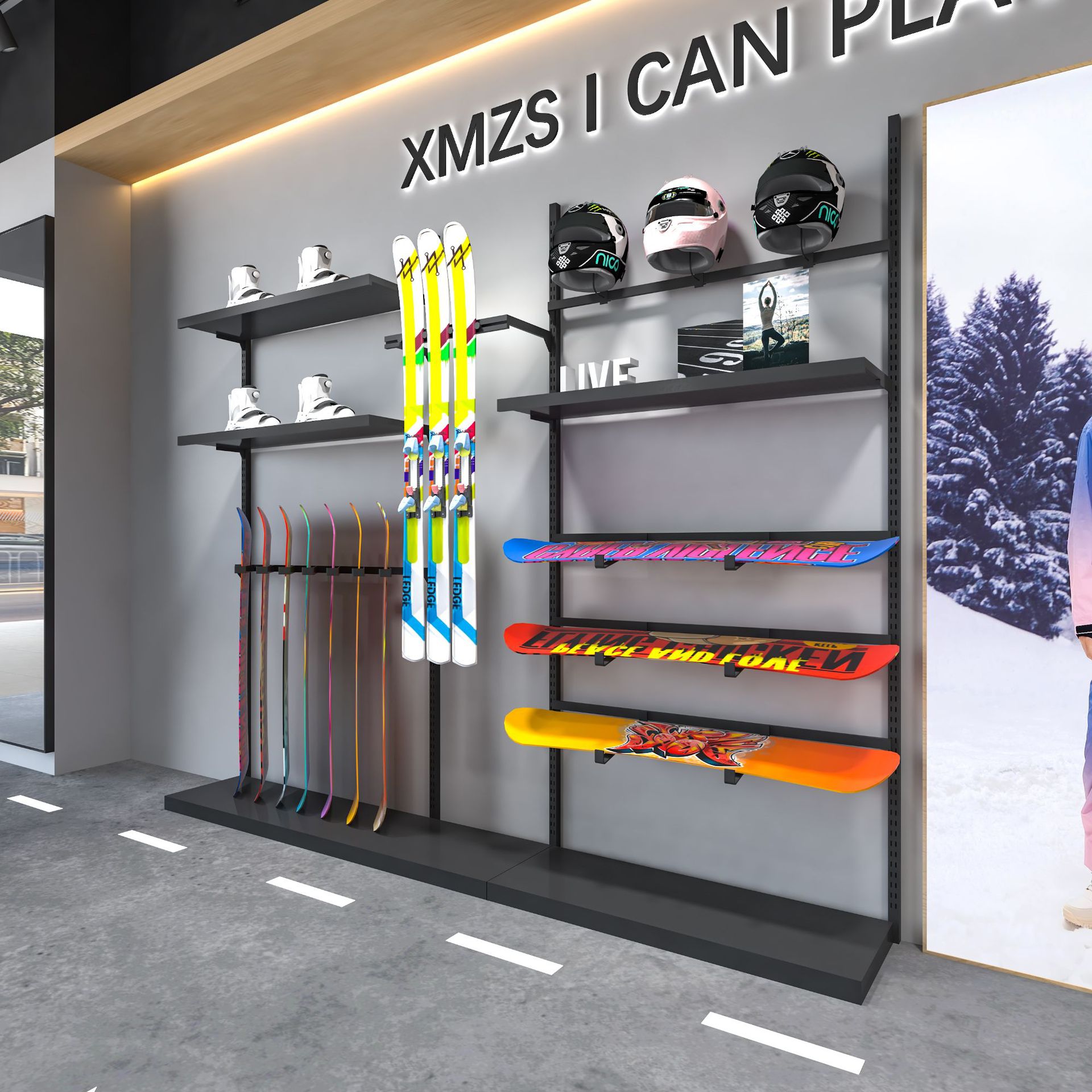 Esquí de nieve cascos de locomotora negros tienda de ropa estante de exhibición artículos deportivos estante de ropa de hombre retro