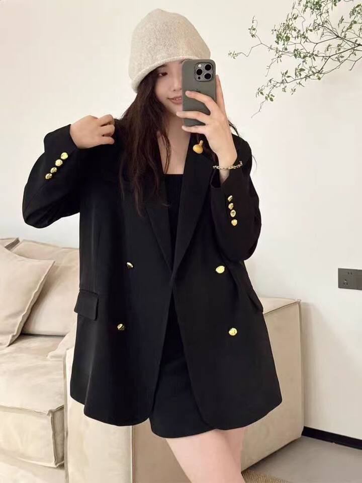 Áo vest nữ màu đen dáng rộng cổ vest một hàng cúc tay dài — màu đen chi tiết 5