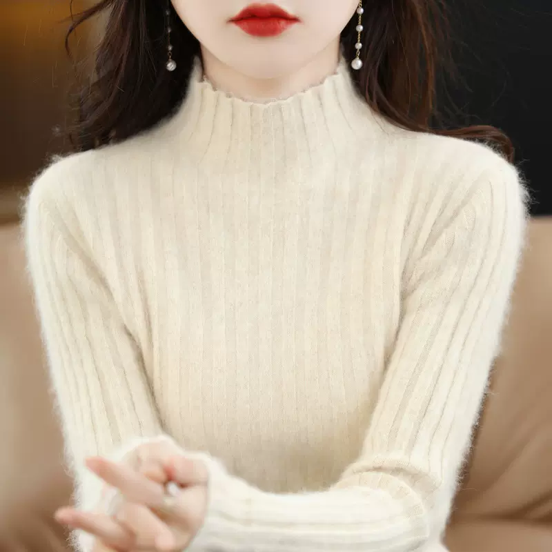 秋冬新款貂绒衫女修身半高领抽条套头短款内搭羊绒打底衫针织毛衣