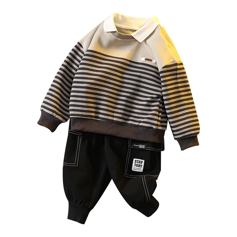 6086 traje de suéter para niños primavera y otoño 2024 nueva camisa POLO a rayas para niños traje de dos piezas de otoño para bebés