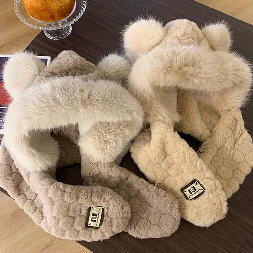 Cute Bear Plush Hat and Scarf Combo for Women – Korean Style, Face-Slimming Design, Versatile, Thickened, Warm, and Ear-Protecting Winter/Spring Cap
