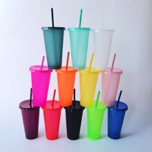 亚马逊爆款闪粉pp水杯感温塑料杯710ml带吸管便携咖啡随手杯 批发