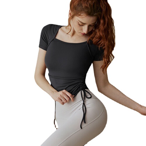 Women's Spring and Summer New Yoga Clothes with Side Drawstring Sports Short-Sleeve Pilates Training Top Running Fitness Square Collar T-shirt