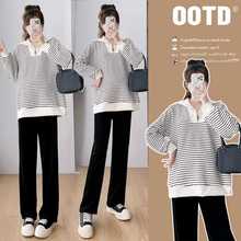 实拍2024新款孕妇丝绒加厚条纹拼接立领休闲简约套头卫衣