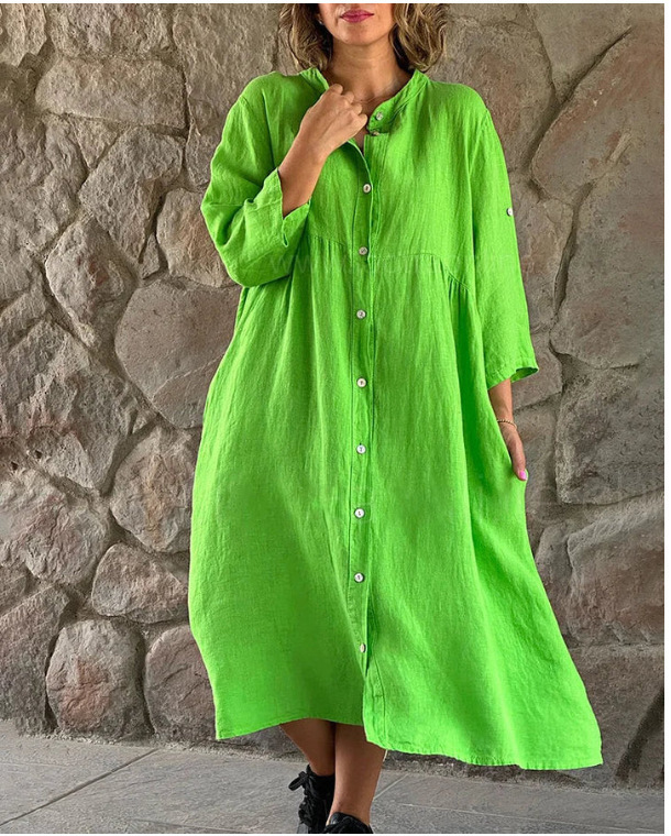 ヨーロッパとアメリカのクロスボーダー 2025 アマゾン婦人服 AliExpress 新しい綿とリネン無地カジュアルボタンロングドレス卸売|undefined