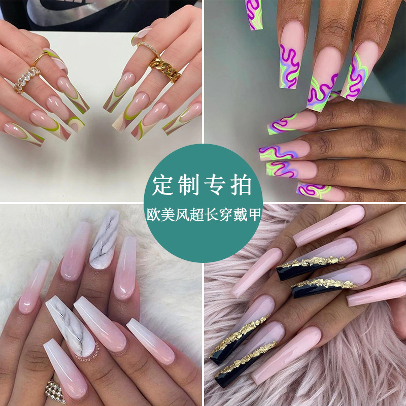 European and American style super long fake nail coffin ballet nail patch boxed finished product can be designed