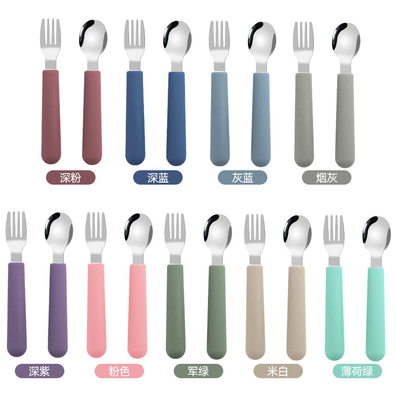 Cross-border 316 mango de silicona de acero inoxidable tenedor y cuchara para niños juego de 2 piezas para bebés comiendo cuchara de entrenamiento de mango largo más tenedor