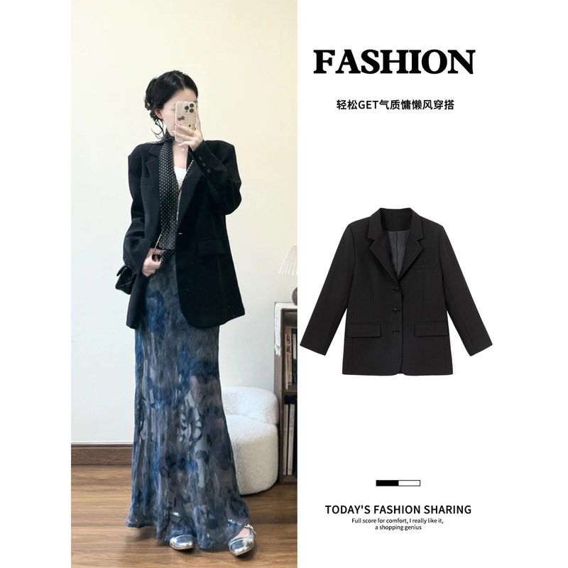 Black Blazer for Women, Spring and Autumn 2026 New Style, Straight Shoulder, Loose Casual Suit, Korean Style, High-End Fashion