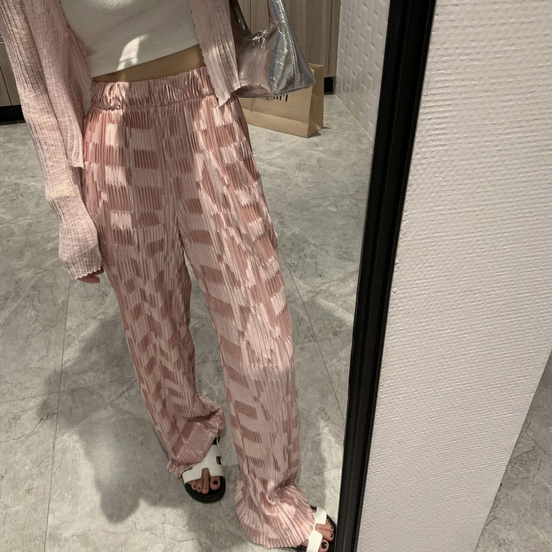 Legs! Silky Drop Fashionable Glossy Chessboard High Waist Straight Wide Leg Pants/Sunscreen Floor Trousers for Women