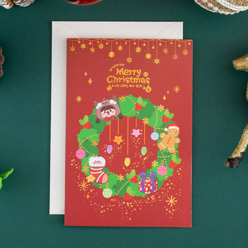 En stock Nuevo Dorado Tarjeta de felicitación de Navidad dibujos animados vacaciones Nochebuena Tarjeta de Navidad bendición deseo Tarjeta de mensaje