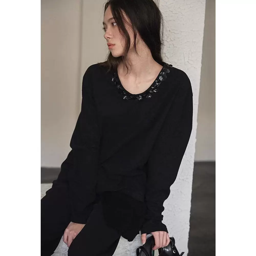 定制四媛领口手工钉珠小众设计感宽松上衣卫衣秋季长袖打底衫1006