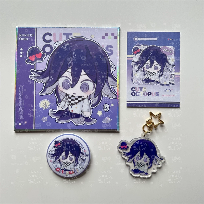 Polaroid, badge, keychain, colored paper, octopus