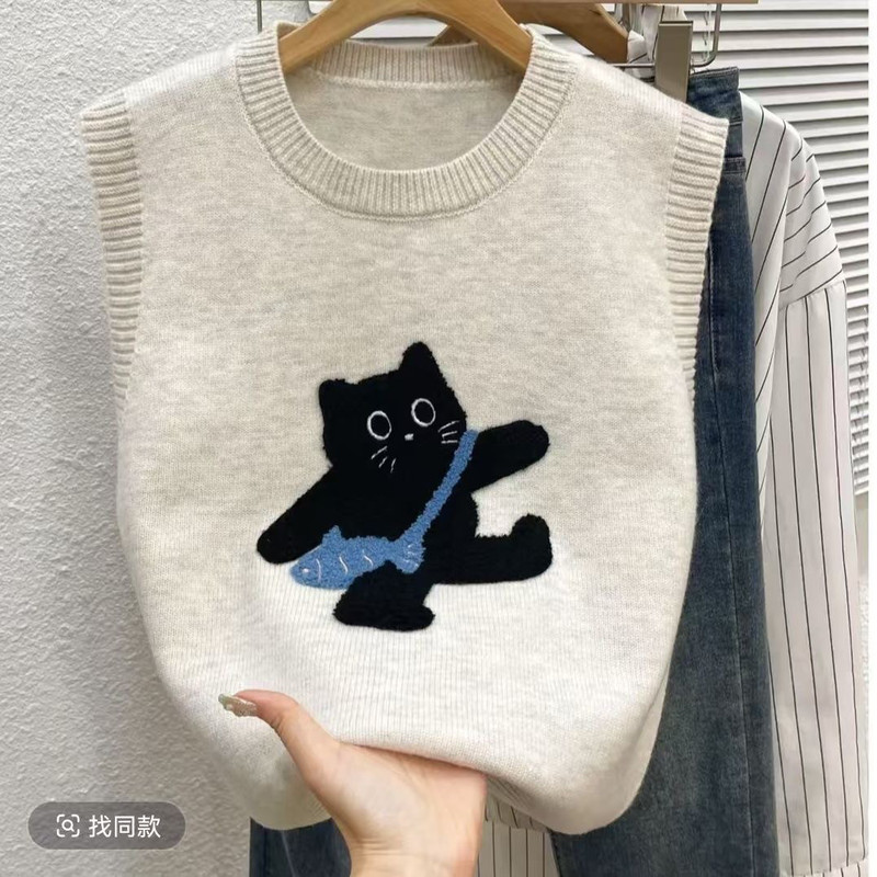 Cute Age-Reducing Autumn Knitted Sweater Vest for Women, Classic Embroidered Kitten Fashion Versatile Inner Vest for Autumn