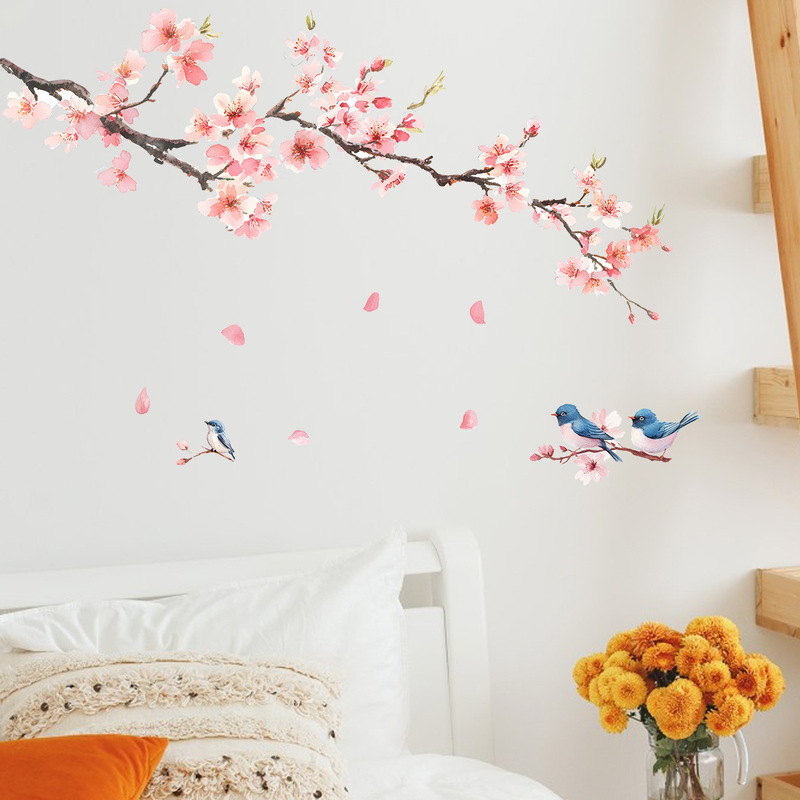 New MK3243 Chinese Peach Blossom Branch Magpie Bedroom Living Room Beautification Decorative Wall Stickers Wholesale Self-adhesive