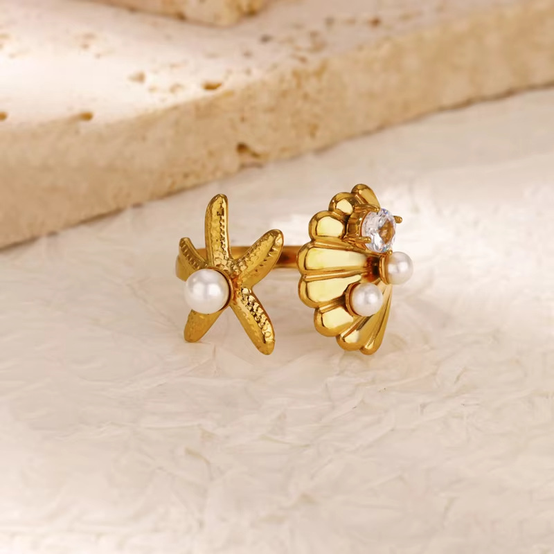0.03µm-0.05µm Gold Plating Thickness PVD Coated Gold Plating Process PVD Coated Real Gold Plated Starfish Shell 304 Stainless Steel Elegant Lady Waterproof Non Tarnish Open Rings