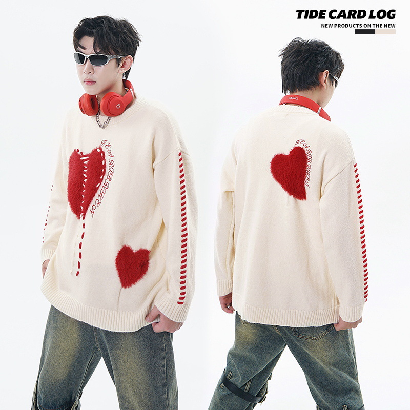 Herrenbekleidung Street Fashion Marke Liebe Stickerei Design lockerer Rundhals-Strickpullover_voghion.com