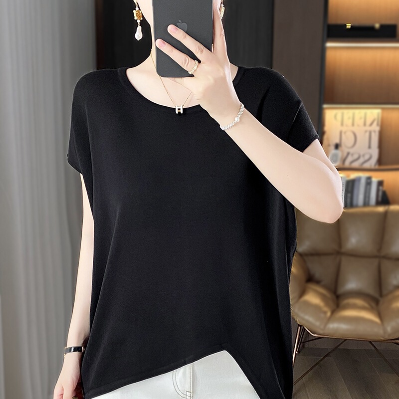 26Th Summer New Style Linen Round Neck Knitwear Short-Sleeved T-Shirt Women's Pure Color Thin Asymmetrical Bottoming Shirt Top 26Th Summer New Style Linen Round Neck Knitwear Short-Sleeved T-Shirt Women's Pure Color Thin Asymmetrical Bottoming Shirt Top