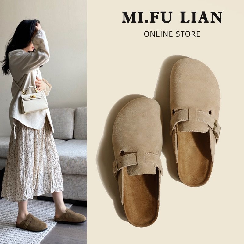 Suede Birkenstock Shoes for Women, Versatile Ugly Slippers, 2023 Spring New Style Slip-On Slip-Ons, Retro Bean Half Slippers