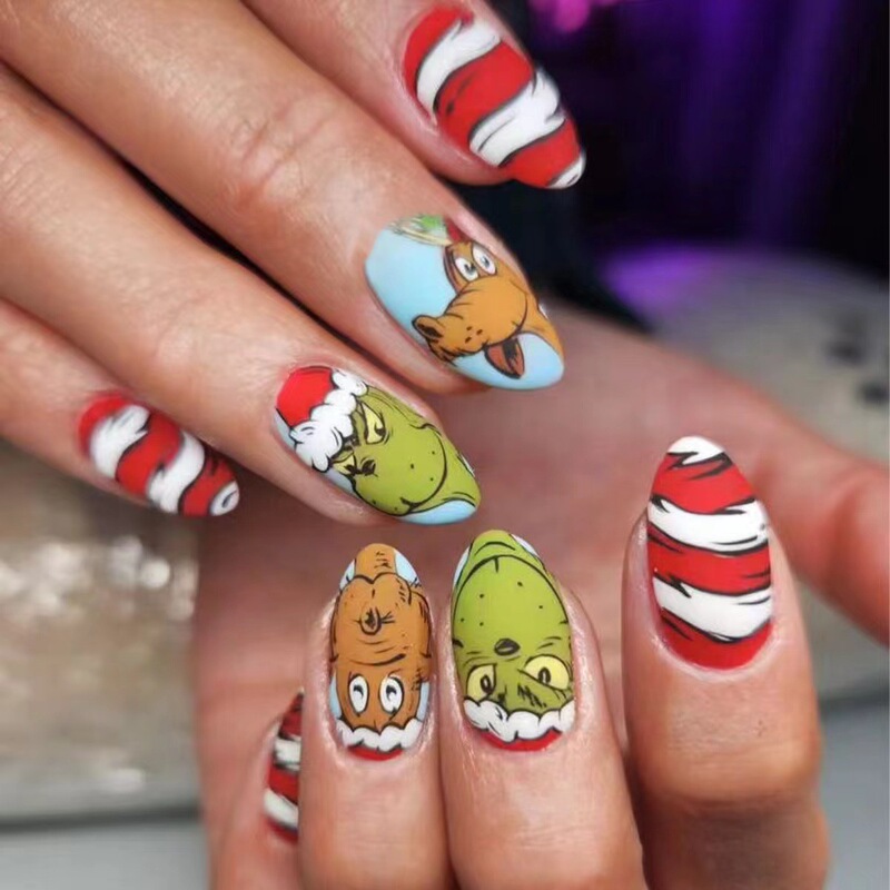 Christmas Cartoon Red and White Stripes Grinch Design Simple Cute Style Wear Nail Art Patch Fake Nail