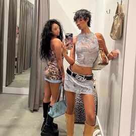 iam**欧美辣妹大理石条纹修身显身印花无袖网纱背心挂脖上衣短