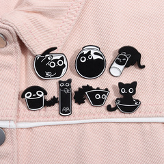 Adorable cartoon-style playful black cat design, niche and unique badge sweater jacket with personal fixed button pin gift