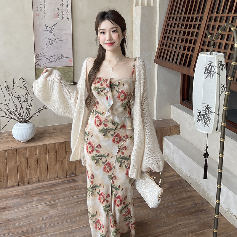 엄선된 25년 봄 신상품 허리 슬리밍 퓨어 러블리 스타일 서스펜더 스커트 꽃무늬 서스펜더 튜브탑 여성 드레스