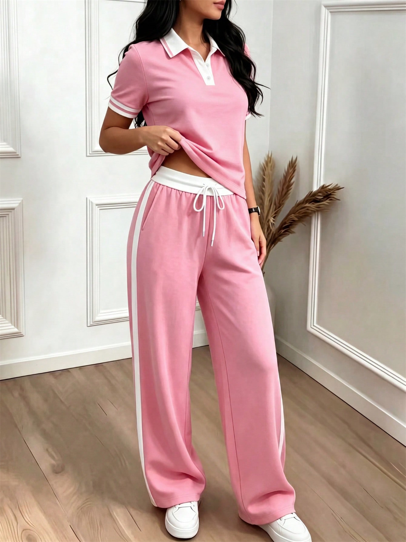 Women's Casual Color Block Polo Neck Top with Striped High-Waisted Drawstring Trousers Set Comfortable Summer Pant Set_ecoleips.com