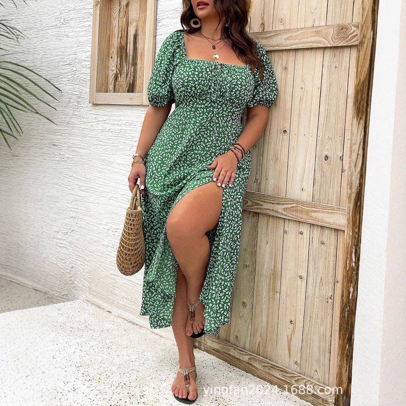 2025 New Amazon AliExpress European and American plus size Women's plus size Temperament Slimming Split Floral dress Summer 2025 New Amazon AliExpress European and American plus size Women's plus size Temperament Slimming Split Floral dress Summer