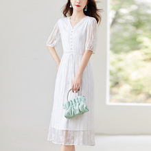 顺宇真丝连衣裙女2024新款夏季奢华高端正品桑蚕丝刺绣V领长裙子