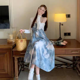 连衣裙女收腰显瘦水墨画晕染小个子甜美在逃公主仙女吊带裙子