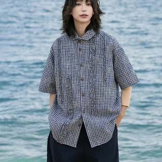 日系复古格子衬衫男木耳边拼接宽松泡泡纱格纹短袖设计感百搭上衣