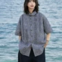 格子短袖宽松木耳边衬衫