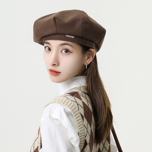 Korean style autumn and winter woolen metal beret hat for women, octagonal hat, big head circumference, small face, fashionable literary painter hat