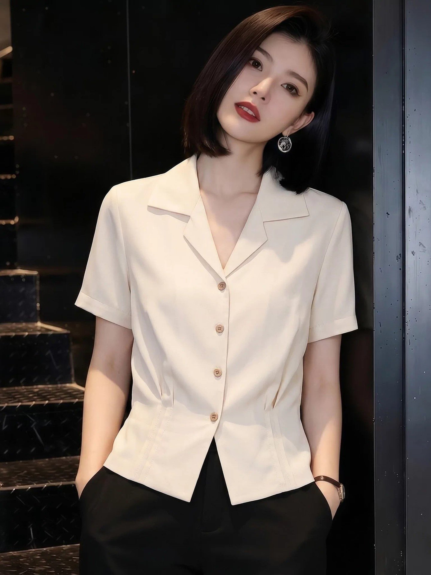 Áo sơ mi nữ cổ vest thắt eo tay ngắn kiểu mới — màu trắng ngà