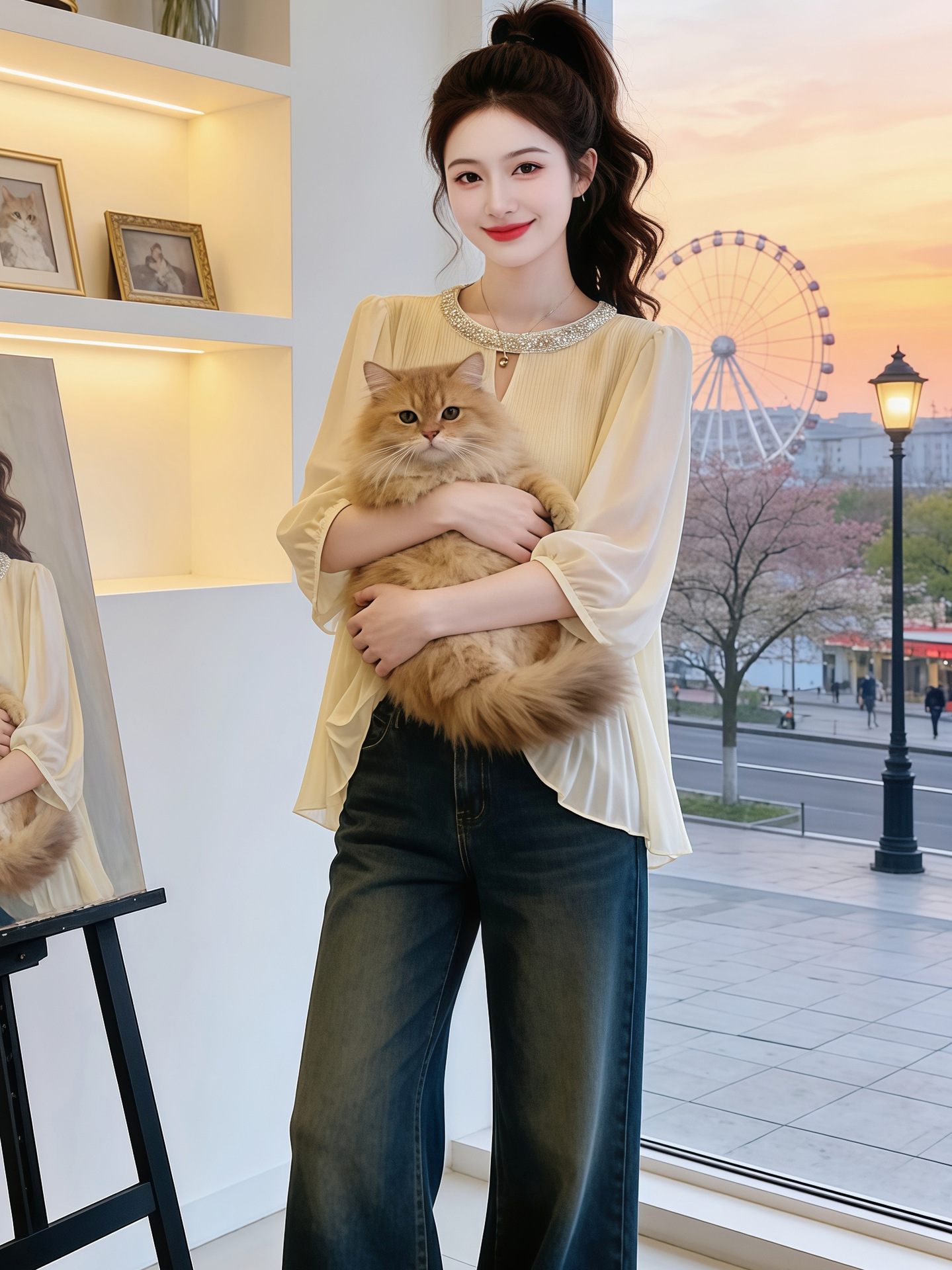 Áo sơ mi voan nữ tay ngắn, đính đá, nhăn nhẹ, form rộng suông — màu trắng ngà