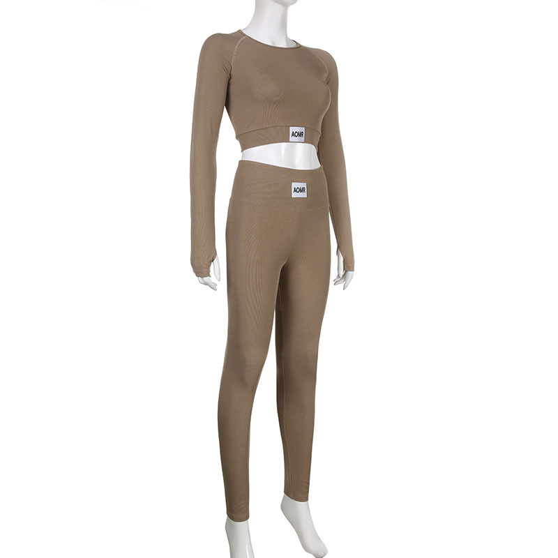 Solid Color Tight Letter Graphic Zhang Zi round Neck Long Sleeve Short Top High Waist Skinny Trousers Sports Yoga Two Piece Set