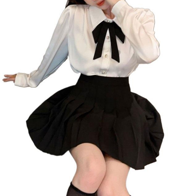 작은 유니폼 전문 대학 스타일 활 화이트 셔츠 탑 높은 허리 주름 치마 투피스 세트