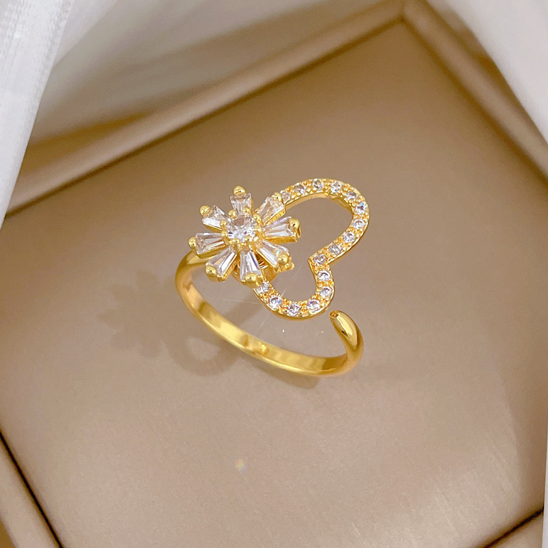 Rotating Flower Zircon Ring Personalized Adjustable Couple Ring_voghion.com