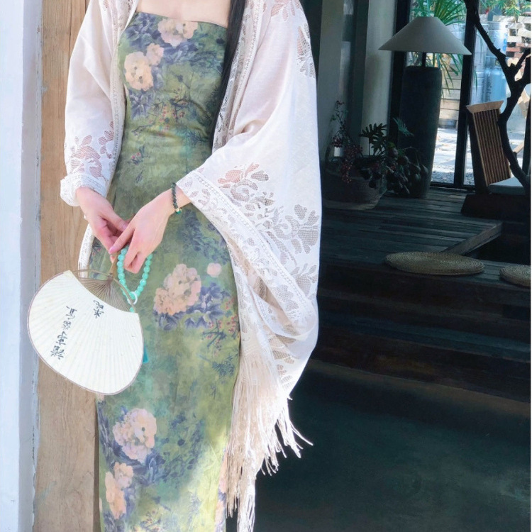 中国風タッセルジャカード日焼け止め服女性の夏のチャイナドレススカートと小さなショール薄いカーディガンジャケットブラウストップ|undefined